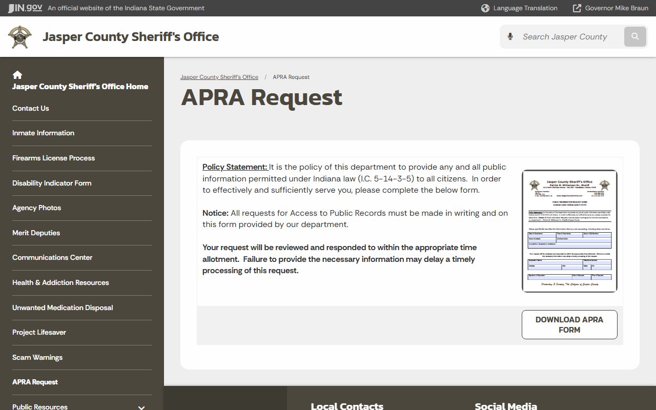 Jasper County arrest records Sheriff APRA request page