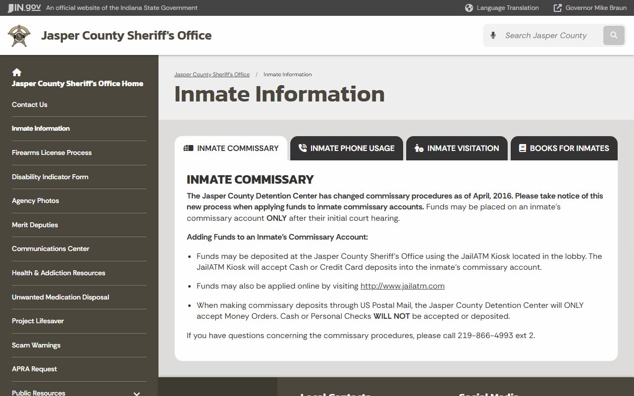 Jasper County inmate records sheriff inmate information page