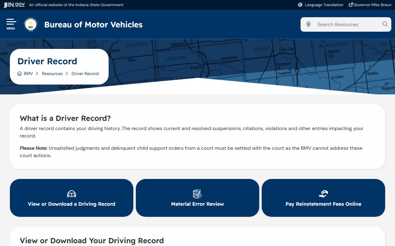 Jasper County traffic court records Indiana BMV driver records page